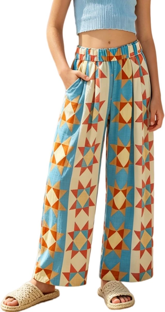Meisjesbroek met wijde pijpen, vloeiende paperbag-stijl, elastische taille, zomer, palazzo broek met zakken voor losse pasvorm