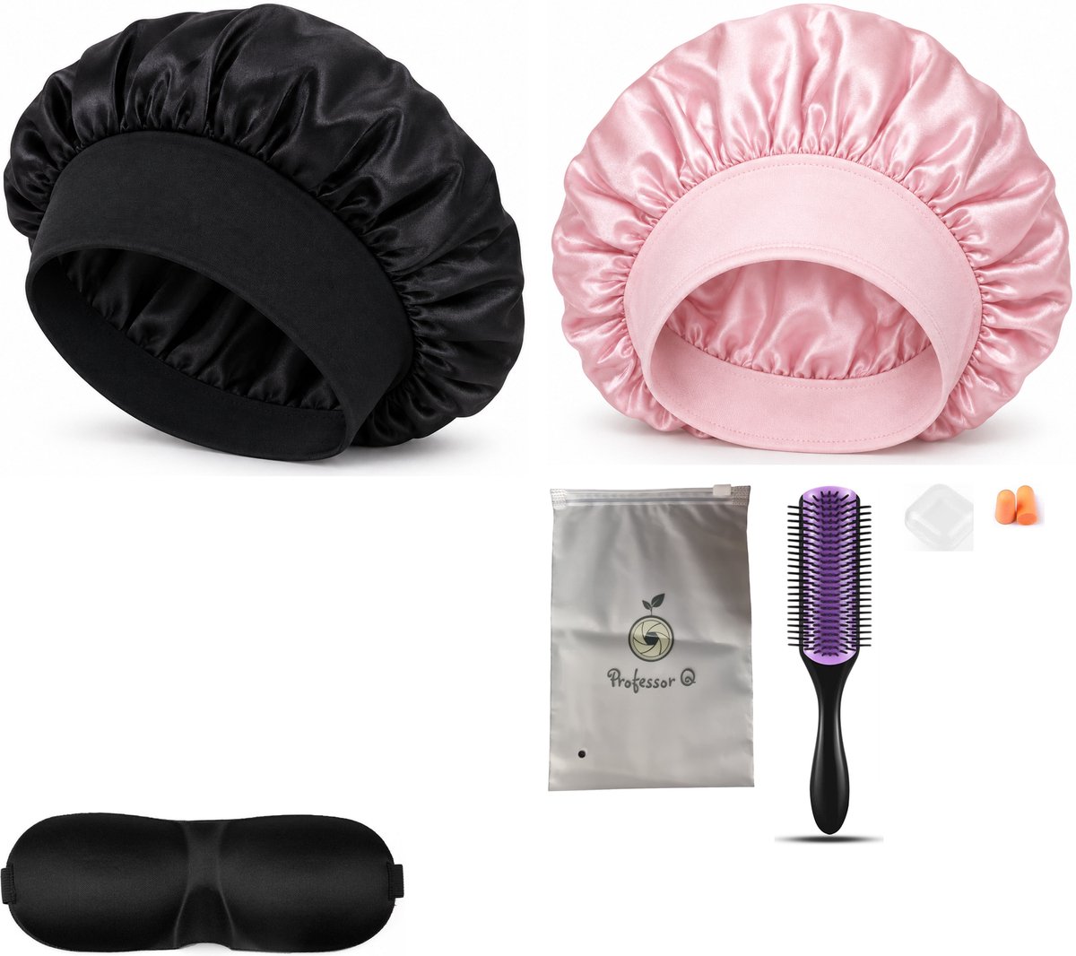Professor Q Haarverzorgingsset - Bonnet Roze - Bonnet Zwart - Purple Black Borstel - Slaapmasker Zwart