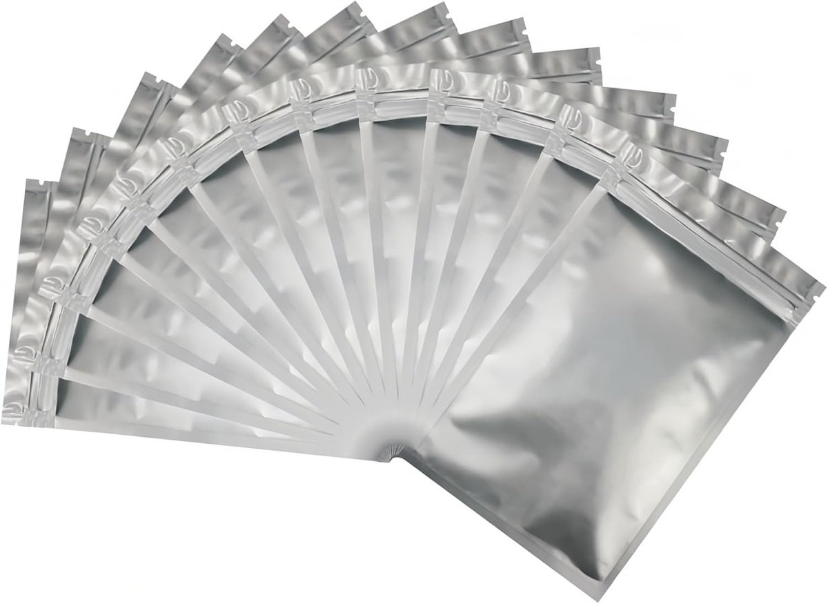 50 stuks Hersluitbare Aluminium Zakjes, Warmte Afsluitbare Mylar Zakken met Ritssluiting, Ondoorzichtige Luchtdichte Zak voor het Verpakken en Bewaren van Voedsel (Zilver, 7x13cm)