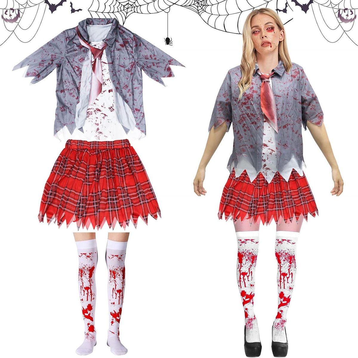 Halloween zombiekostuum voor dames, schoolmeisjeskostuum, Halloween met grijze jas, geruite rok, stropdas en sokken, zombiekostuum voor meisjes voor Halloween carnaval