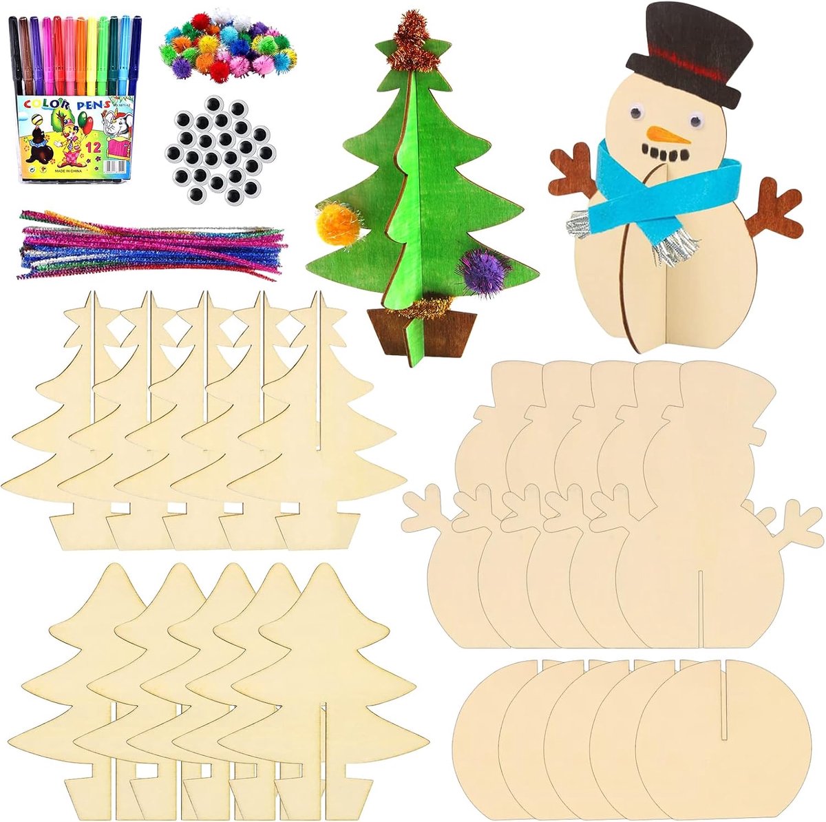 10 stuks knutselset, kerstdecoratie, doe-het-zelf kerstknutselen, 3D-kerstboom, sneeuwpop van hout, kerstdecoratie, knutselset voor kinderen voor Kerstmis, tafeldecoratie