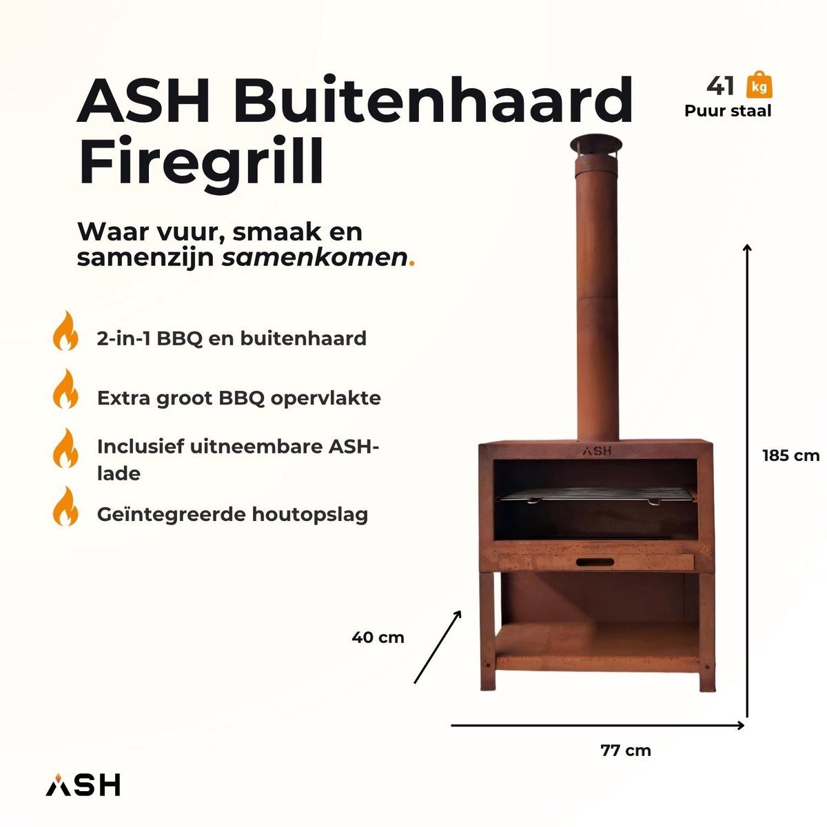 ASH | Firegrill | 2 in 1 BBQ en Buitenhaard | Cortenstaal | Tuinhaard met houtopslag | Inclusief grillrooster | Uitneembare aslade | Rookafvoer met regenkap
