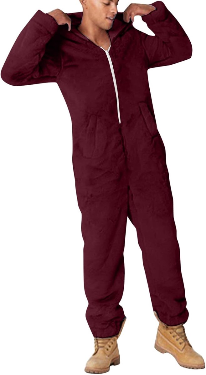 2026 heren kunstwol lange mouwen pyjama casual effen ritssluiting los met capuchon overall pyjama casual winter warm romp leuke oren nachtkleding