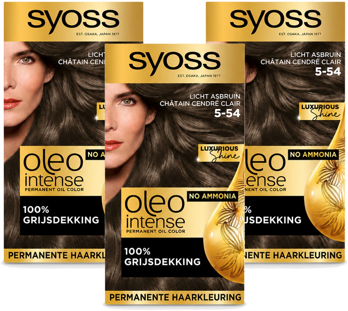 3 x SYOSS - Oleo Intense 5-54 Licht As Bruin - Haarverf - Zonder Ammoniak - Grijsdekking - Langdurige Kleur - Voordeelverpakking - 3 stuks