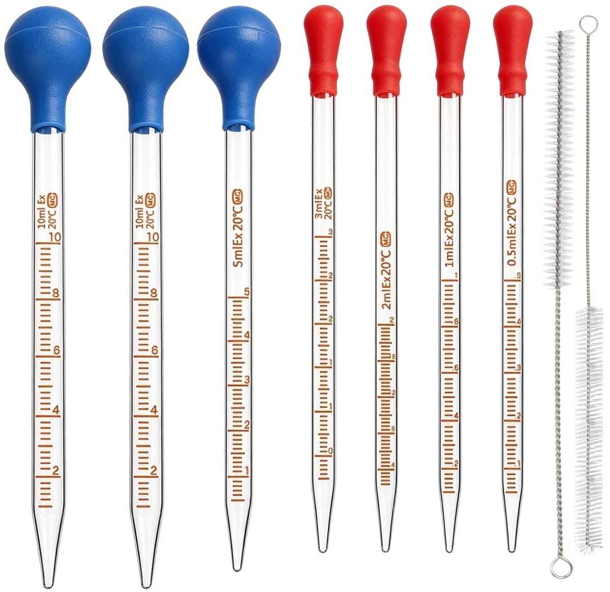 Pipetten 7-delige Set - 0,5 ml, 1 ml, 2 ml, 3 ml, 5 ml, 10 ml Maatpipetten met Reinigingsborstel, Herbruikbare Glazen Pipetten voor Essentiële Oliën, Laboratorium & DIY Cosmetica