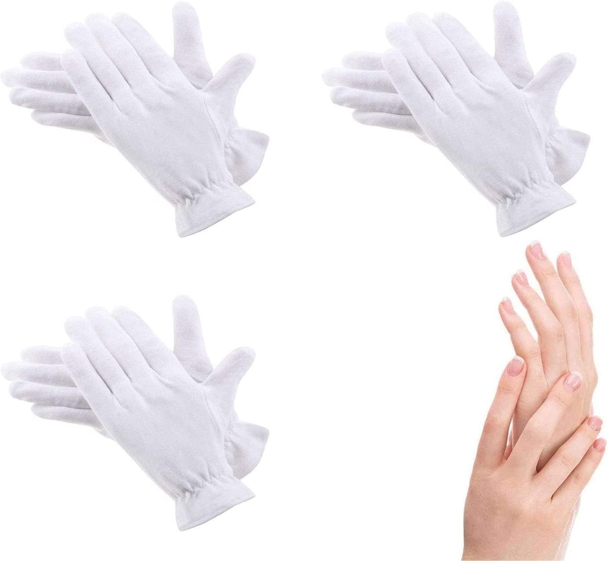 6 stuks (3 paar) witte katoenen handschoenen voor droge handen, vochtinbrengend, cosmetica, eczeem, spa en muntjuwelen, inspectie, serveerhandschoenen