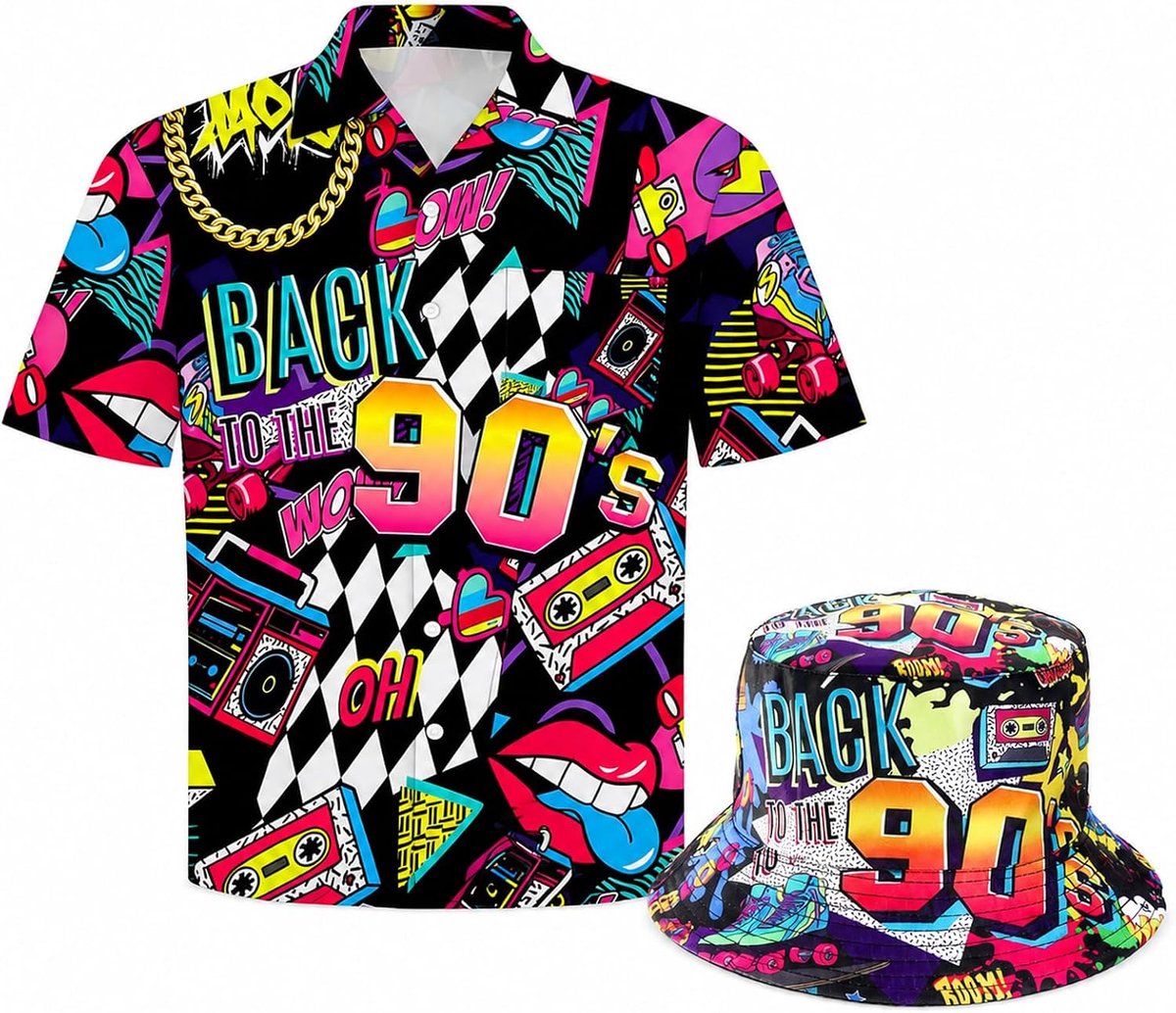 '90 workout-outfit voor heren, Hawaïhemd trainingspak, kostuumfeest, carnaval, retro-shirts, bucket, hoeden, hippie, disco