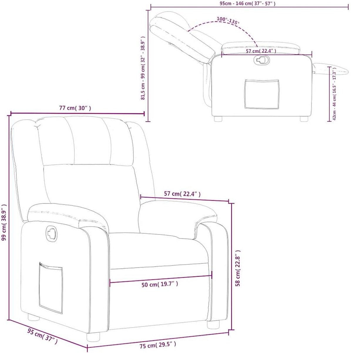 Stof lichtgrijs met zijvak en gevoerde armleuningen, 77x95x99 cm, zithoogte 42-44 cm - comfortabele tv-stoel