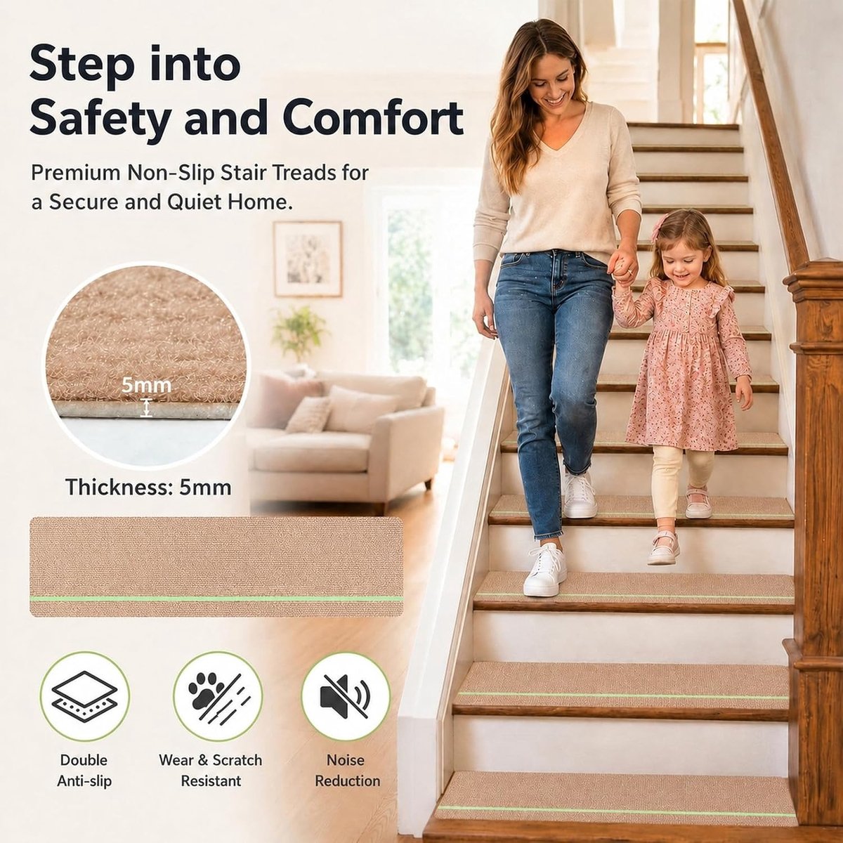 Trapmatten, zelfklevend, 76 x 20 cm, lichtgevend traptapijt, waterdicht, antislip, trapmatten voor senioren, kinderen, huisdieren, binnenshuis (beige)