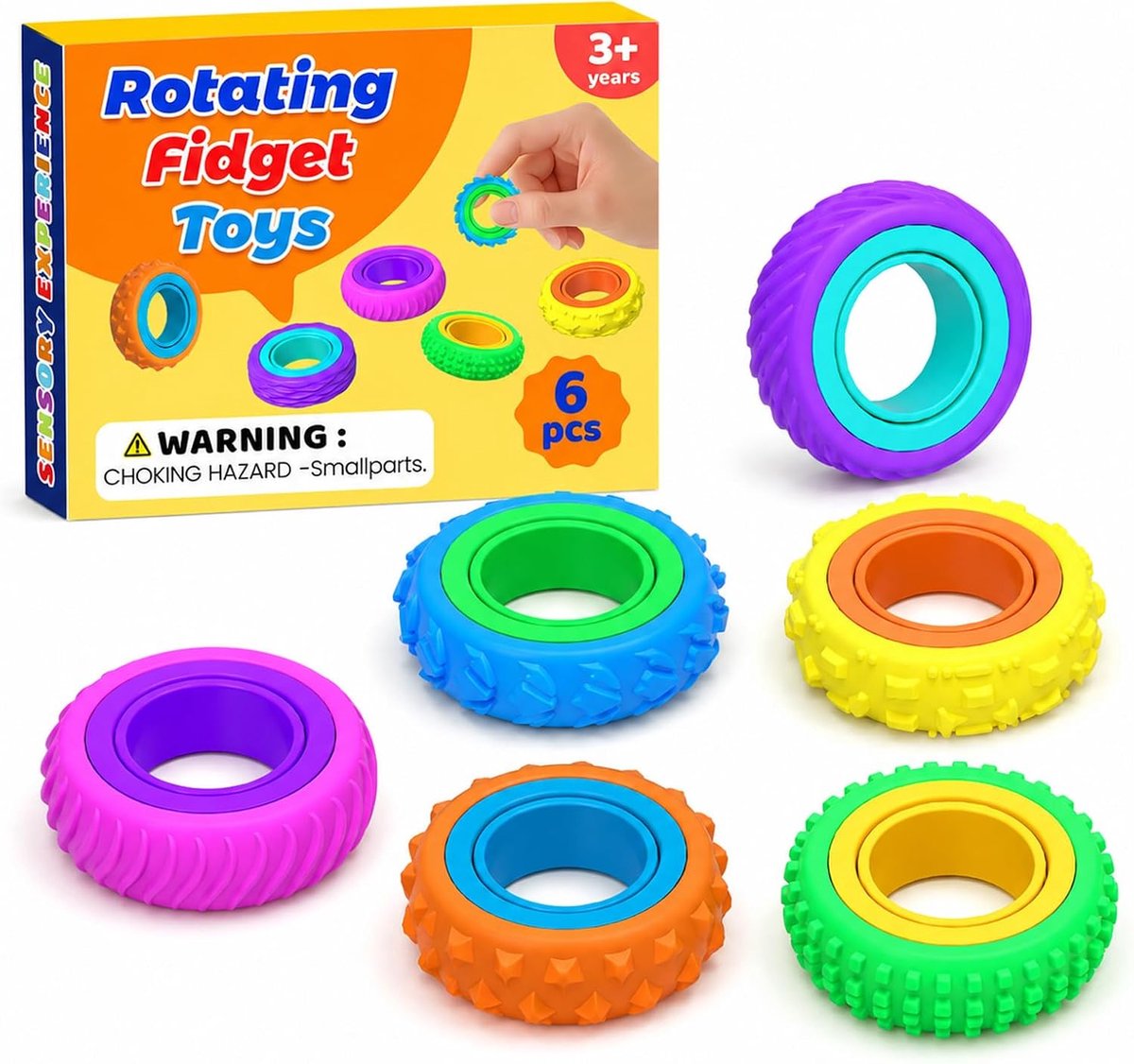 Ringen voor kinderen jaar, 6-delige set, roterende sensorische ringen als fidget toys om te draaien, wrijven en dragen, cadeautje voor kinderverjaardag, schooltas, adventskalender