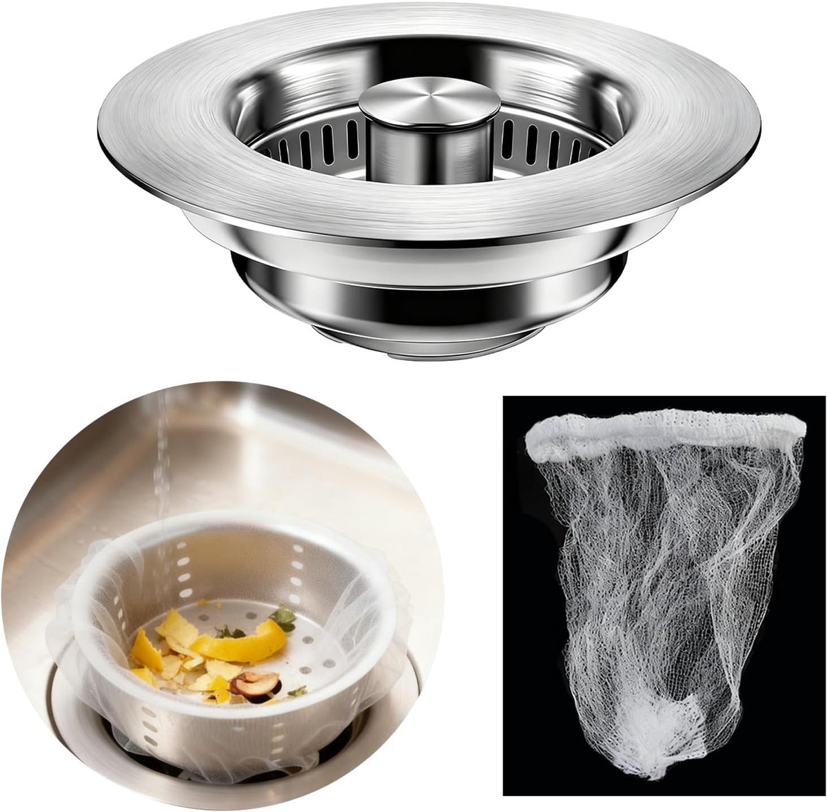 gootsteenplug en zeefset, 3-in-1 roestvrijstalen pop-up gootsteenpluggen en zeven, past op gootsteengaten van 75-87 mm, diepte > 37 mm, bevat 30 gootstenen zeefzakken (zilver)