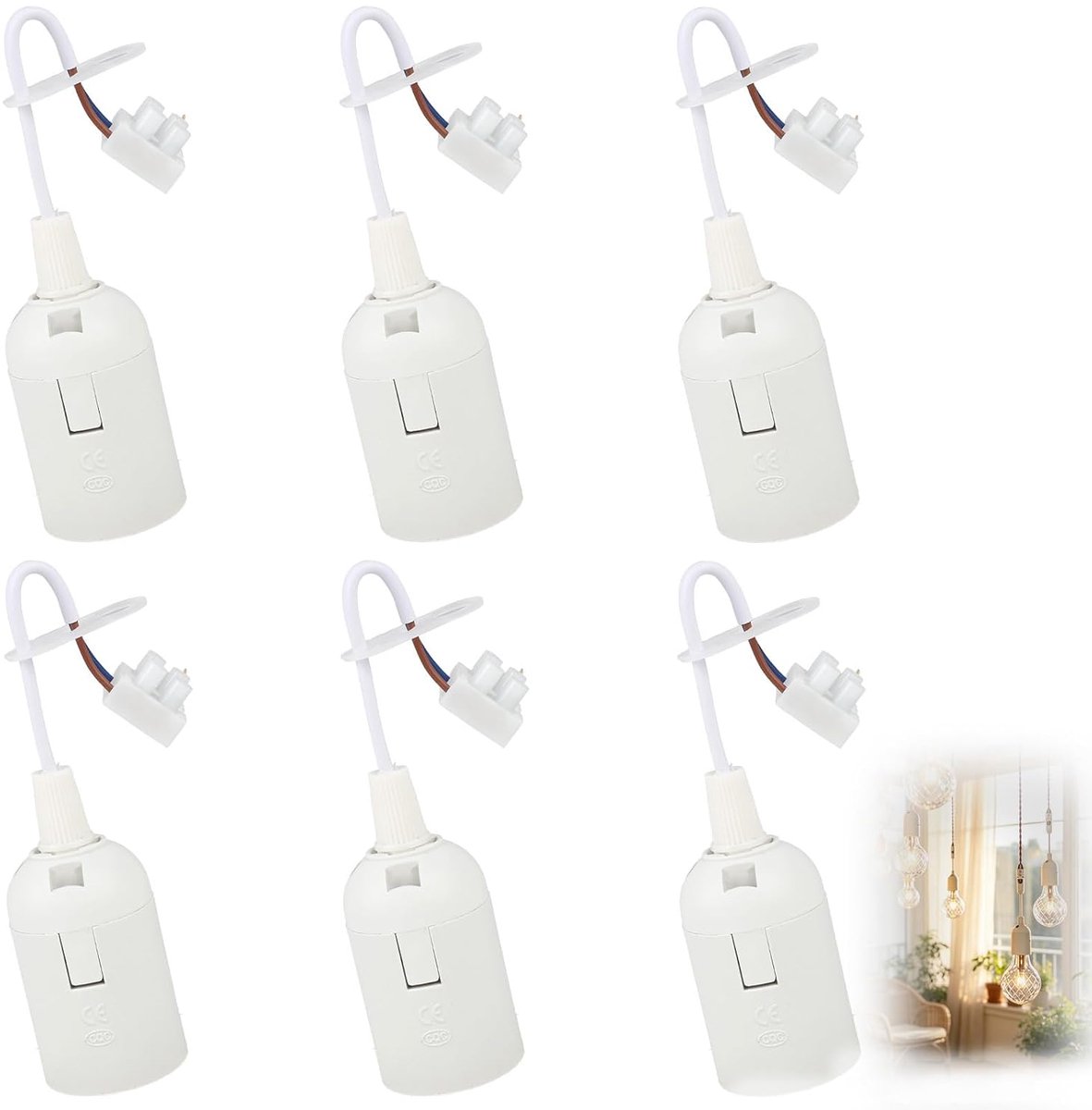 6 stuks E27 lampfitting met kabel en klem, bouwfitting met lamp, lamphouder met kabel, lampvoet PET-kunststof en messing, bouwplaatsfitting, hanglampen, doe-het-zelfprojecten