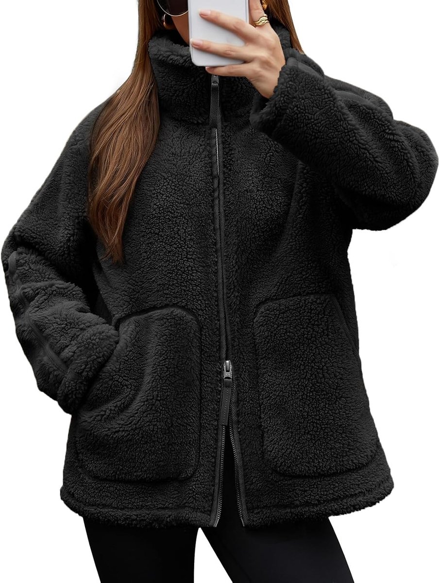 Teddy fleece damesjack met trechterhals en grote zakken
