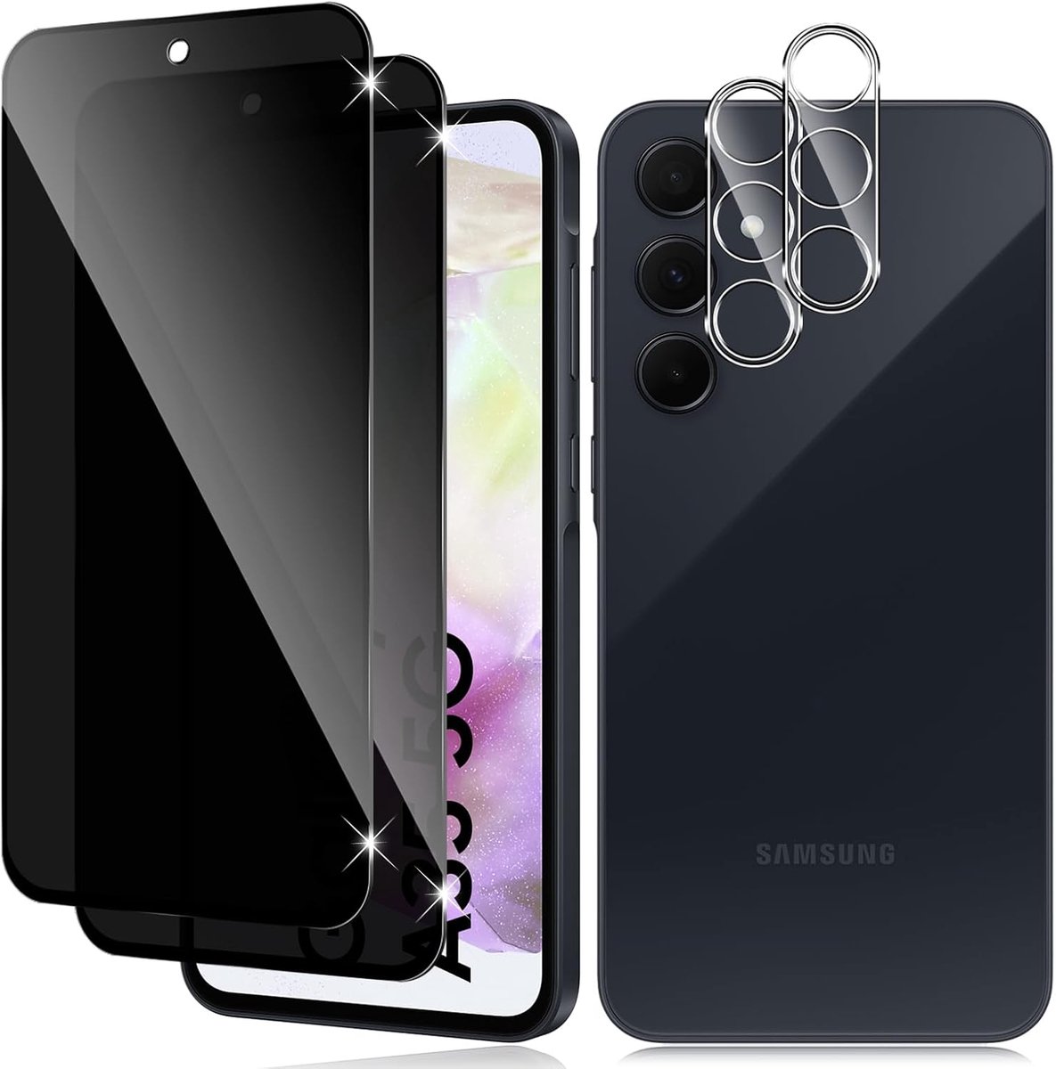 Inkijkbescherming voor pantserglas voor Samsung Galaxy A35 5G, 2 + 2 stuks Ant Spy veiligheidsglas en camerabescherming, privacy beschermfolie 9H hardheid krasbestendig