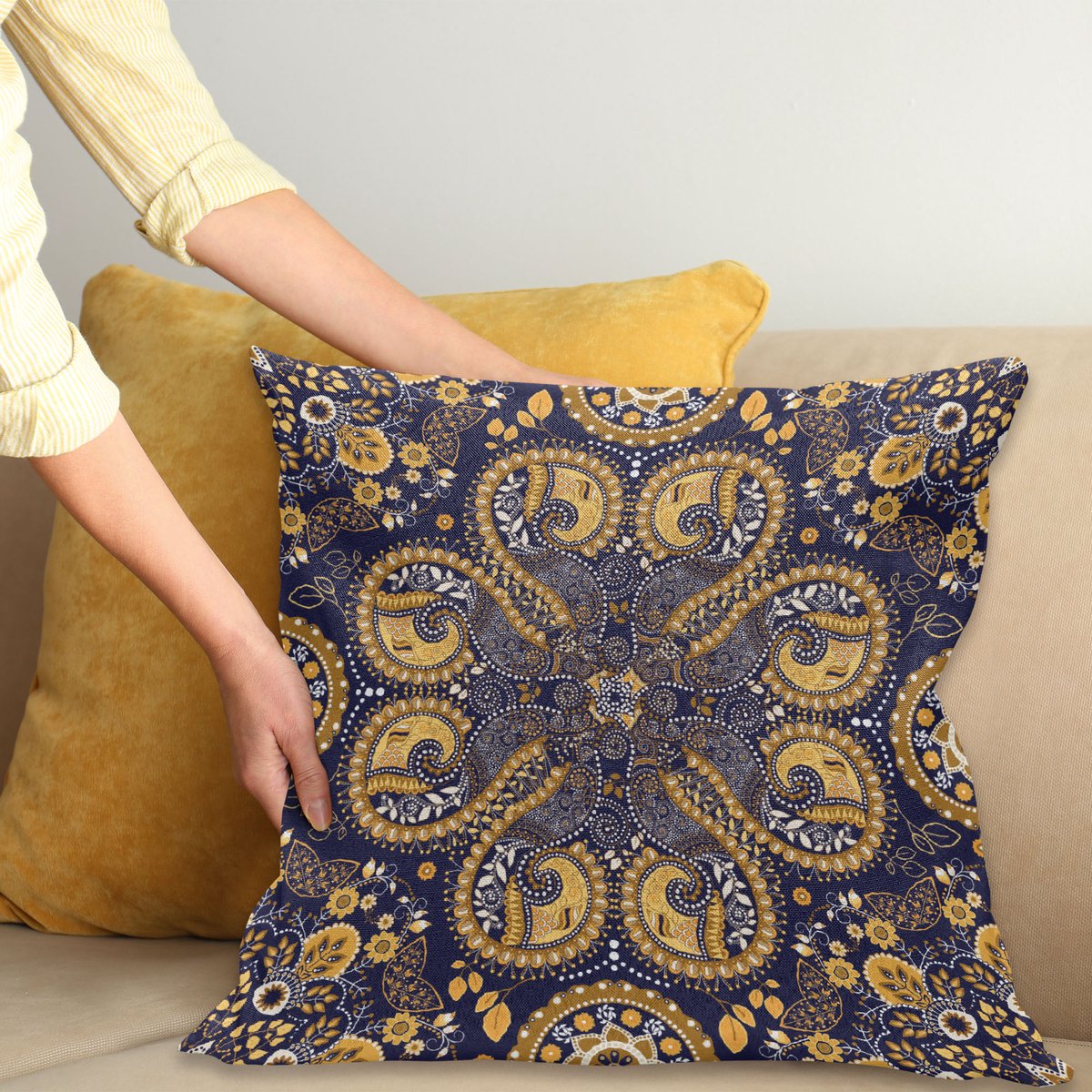 ABAKUHAUS Etnisch Sierkussenhoes, Patroon Stijl van Bloem Ornamenten Ontwerp Kunstwerk Print, Decoratieve Vierkante Sierkussenhoes, 40 x 40 cm, Marineblauw Blauw