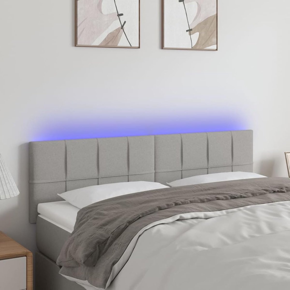 Hoofdeinde met led, lichtgrijs, 144 x 5 x 78/88 cm, van stof, hoofdeinde van stof, blokdesign met vierkanten