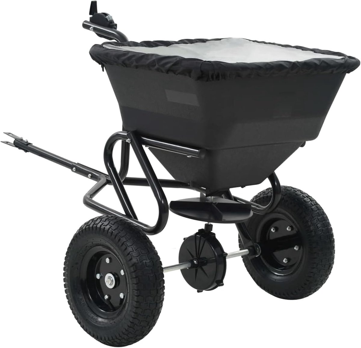 Handstrooiwagen, zoutvaatje, om te trekken, 125 x 74 x 79 cm, 45 liter, tuinstrooier met stalen frame en pvc-container, gelijkmatige verdeling voor zout, mest en zaaigoed in de winter, lente