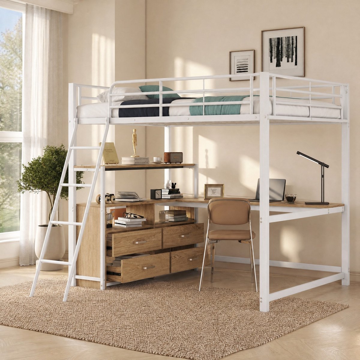 WUVRIE Hoogslaper 140x200 cm met L-vormig bureau en lades, metaal en MDF, wit