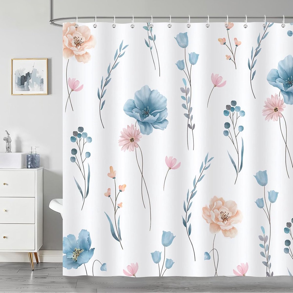Bloemen Douchegordijn, Blauw Roze Bloem Bladeren Modern Minimalistisch Badkamer Gordijn 180 x 180 cm, Waterafstotend, Schimmelbestendig Polyester met 12 Haken