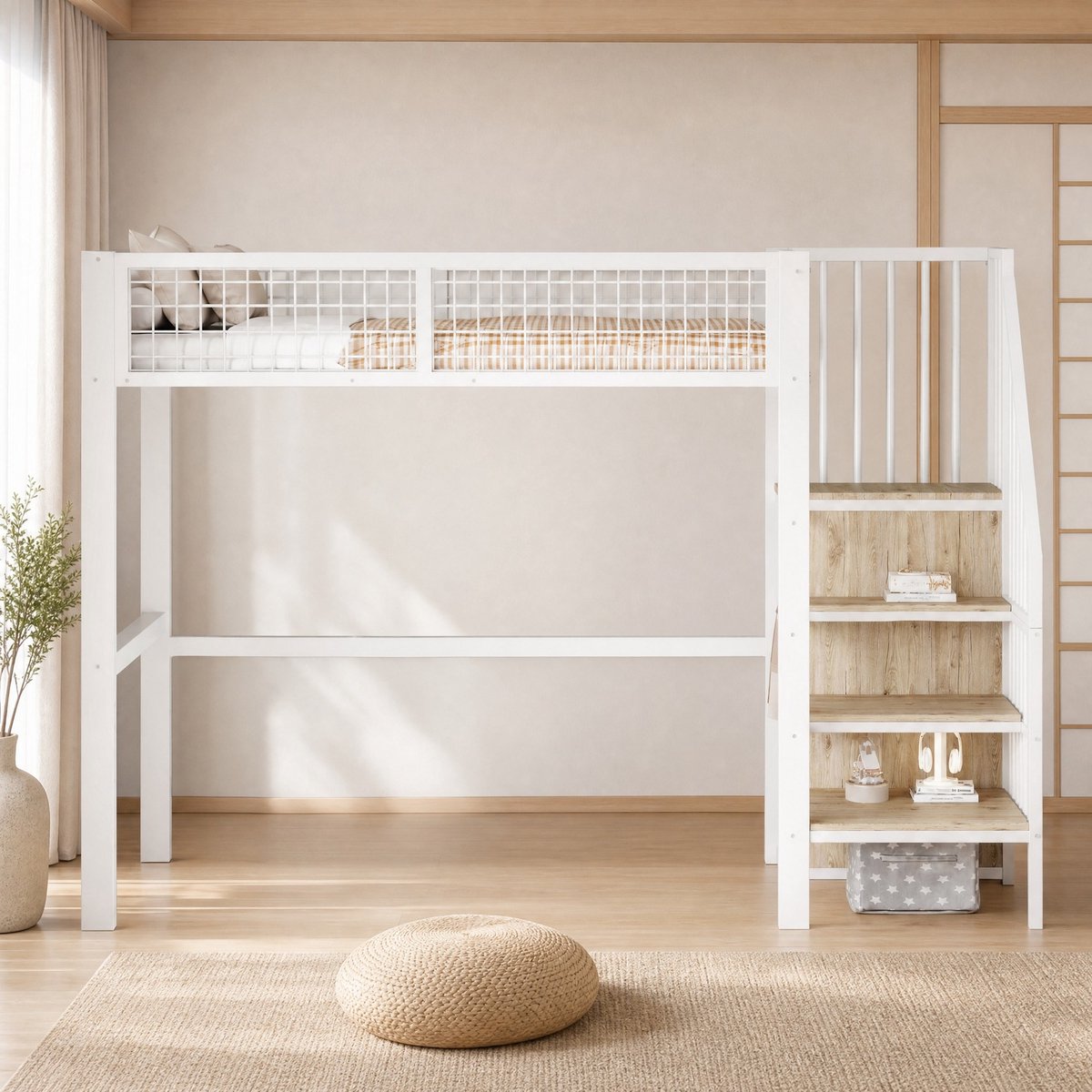 WUVRIE Hoogslaper 90x200 cm met ladder, opbergruimte en metalen frame voor kinderkamer, wit