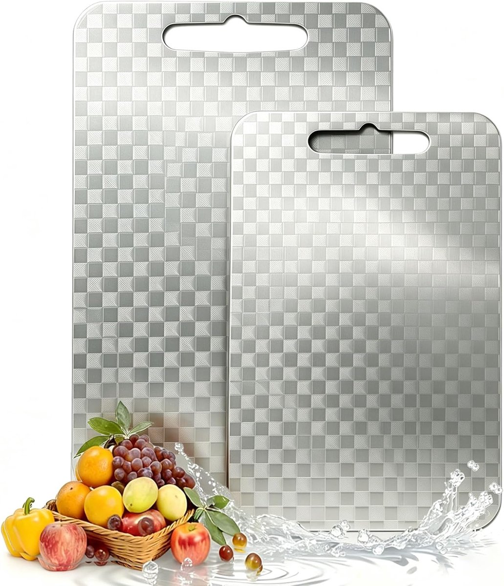 Set van 2 pure titanium snijplanken, aan beide zijden bruikbaar, geruit design, voedselveilige keukensnijplanken, vaatwasmachinebestendig, metalen charcuterie snijplank voor vlees, fruit, kaas