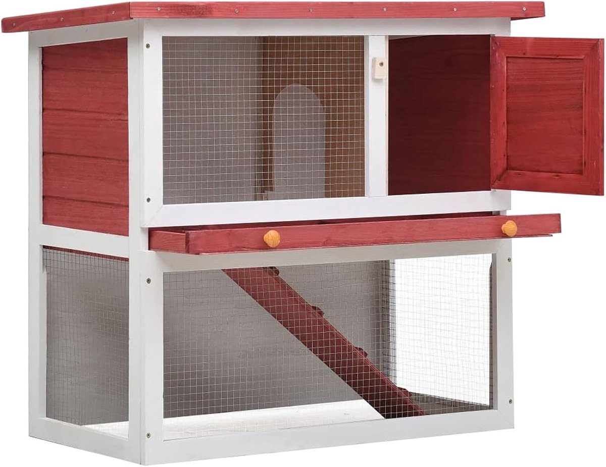 Konijnenhok voor kleine dieren, konijnenvilla, hok voor kleine dieren, konijnenhok voor kleine dieren, konijnenkooi, konijnenkooi, 90 x 45 x 80 cm, met antislip oprijplaat, rood en wit