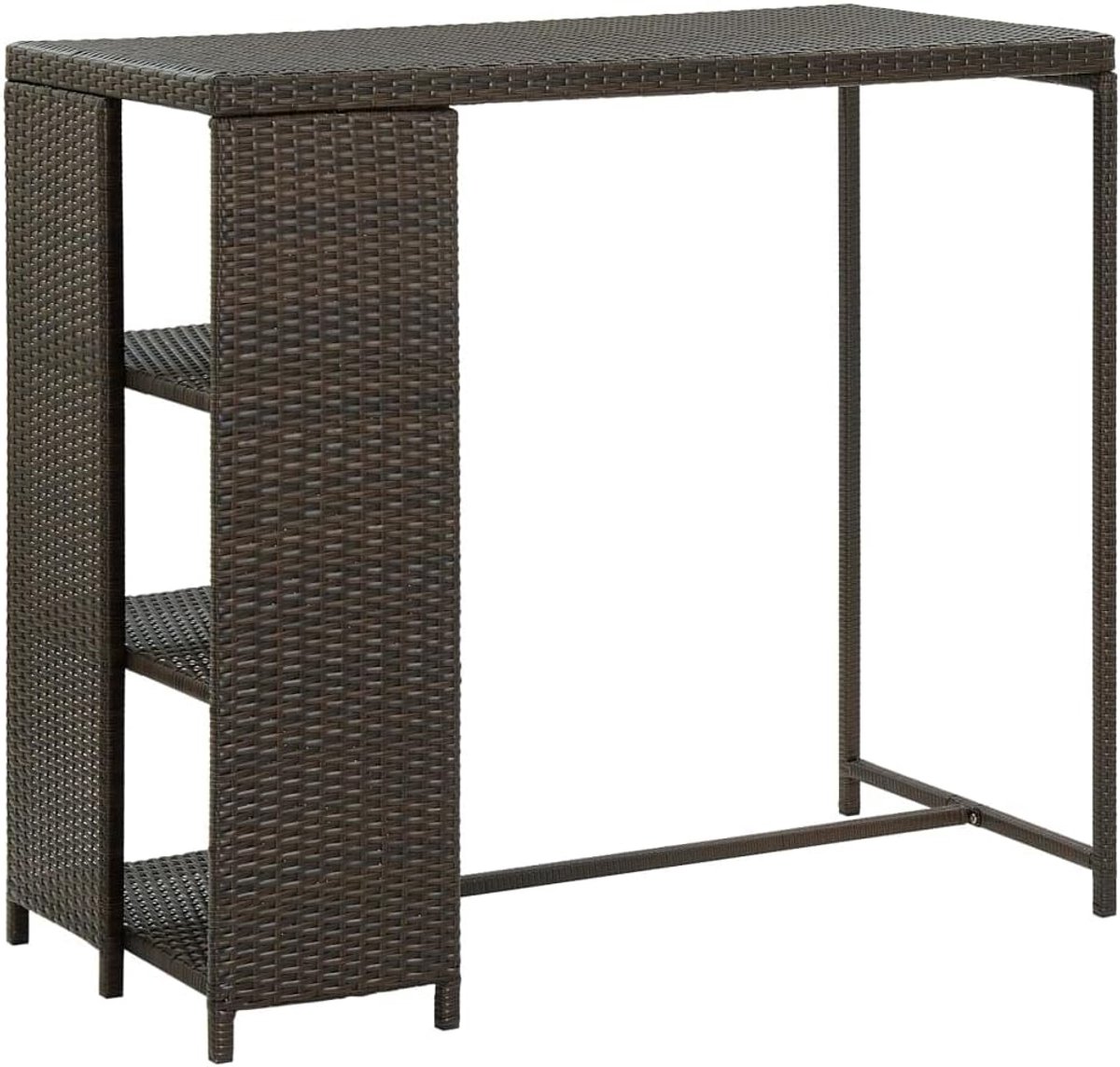 Bartafel met rek en opbergrek met 3 vakken van PE-rotan, bruin, 120 x 60 x 110 cm, stalen frame, tafel voor tuin, bar, restaurant, pub