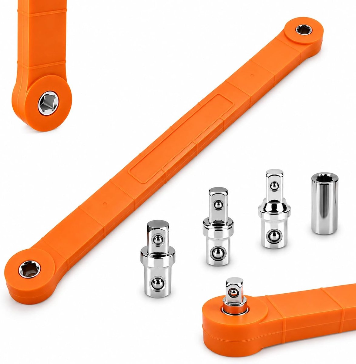 Dopsleutelset met 1/2", 1/4" en 3/8" aandrijfadapter en offsetverlenging (oranje)