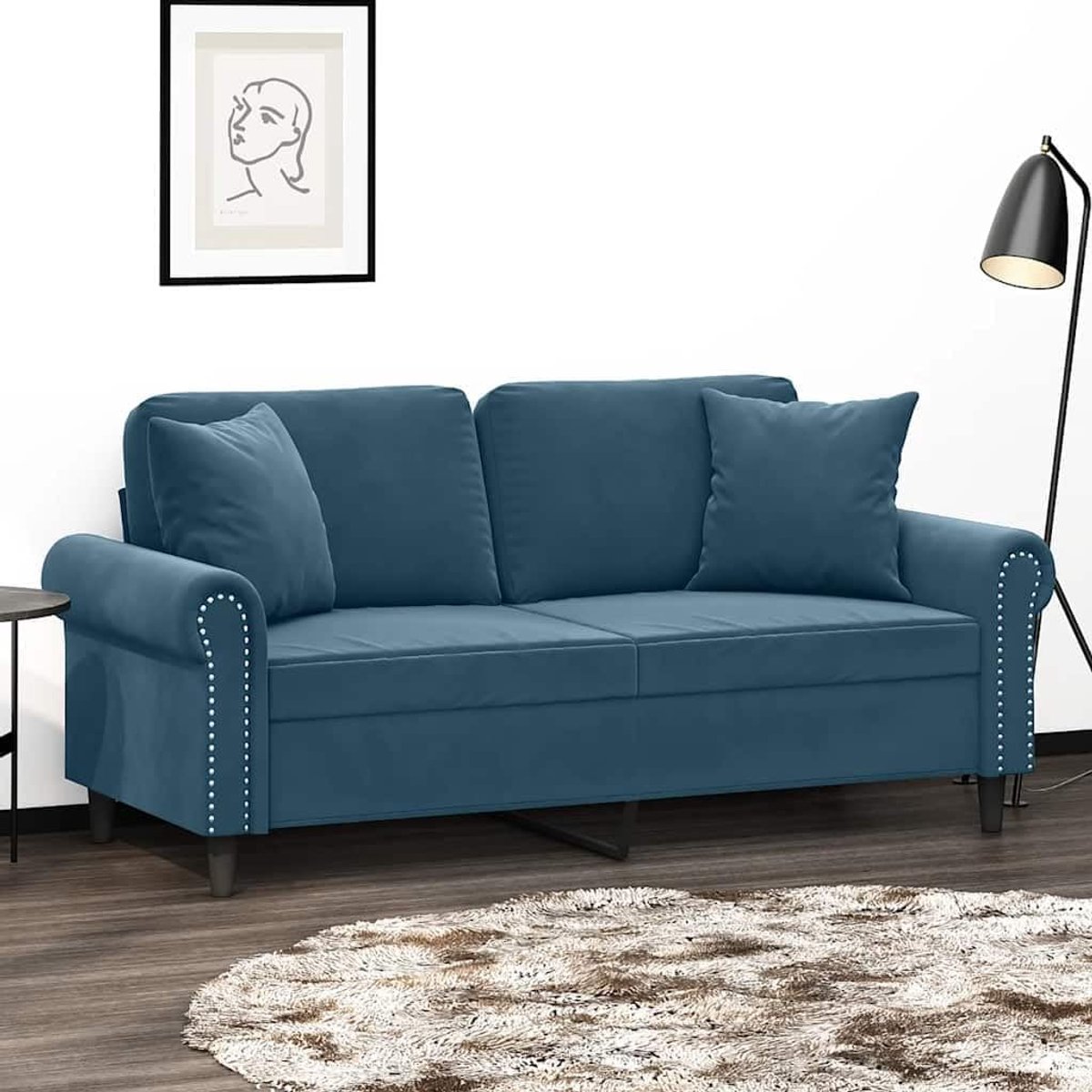 2-zitsbank met sierkussen en fluweel, 140 cm breed, blauw, zachte fluwelen stof en robuust metalen frame voor comfort en stabiliteit, inclusief decoratieve kussens