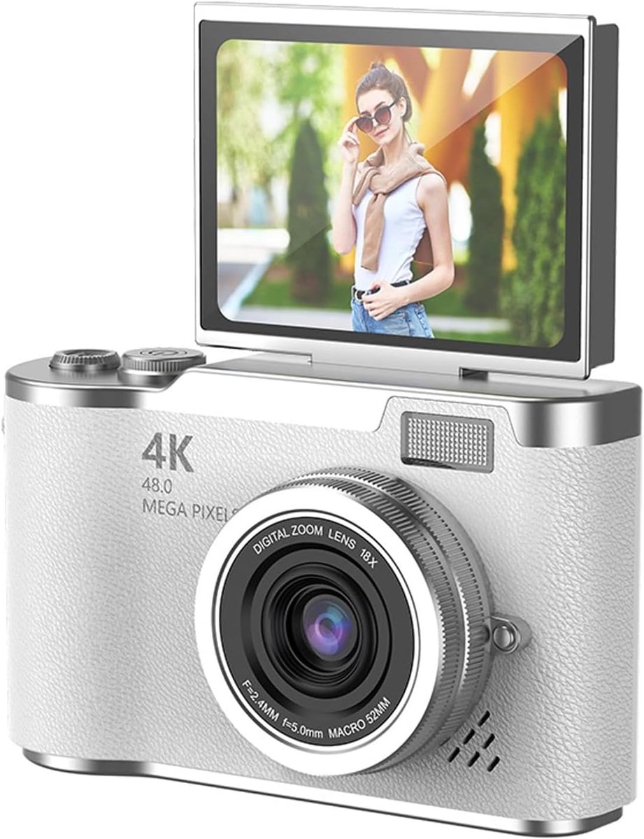 48mp 1080p Digitale Camera met 2.4 'flip-scherm en 18x Zoom, 4 Uur Lang Batterijvloggingcamera voor Tieners, Beginners, Ingebouwde Spellen en Filters voor Reizen, YouTube, (WHITE)