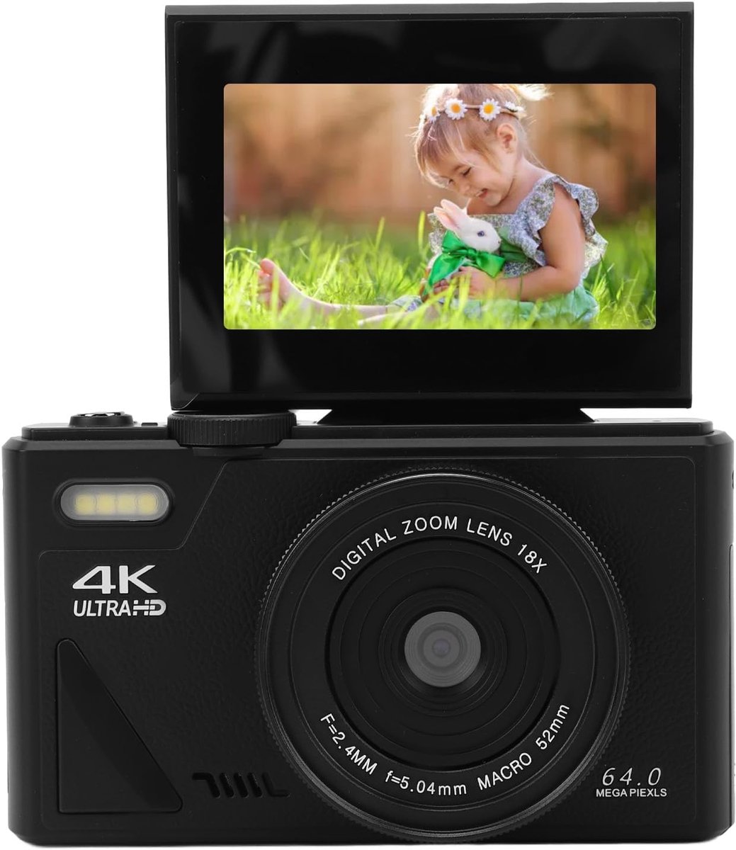 64 MP Digitale Camera, 3 Inch IPS-scherm, 4K Video Retro Compacte Digitale Camera, 18x Digitale Zoom, Oplaadbare Vlogcamera, voor Livestreaming en Online Uitzendingen (BLACK)