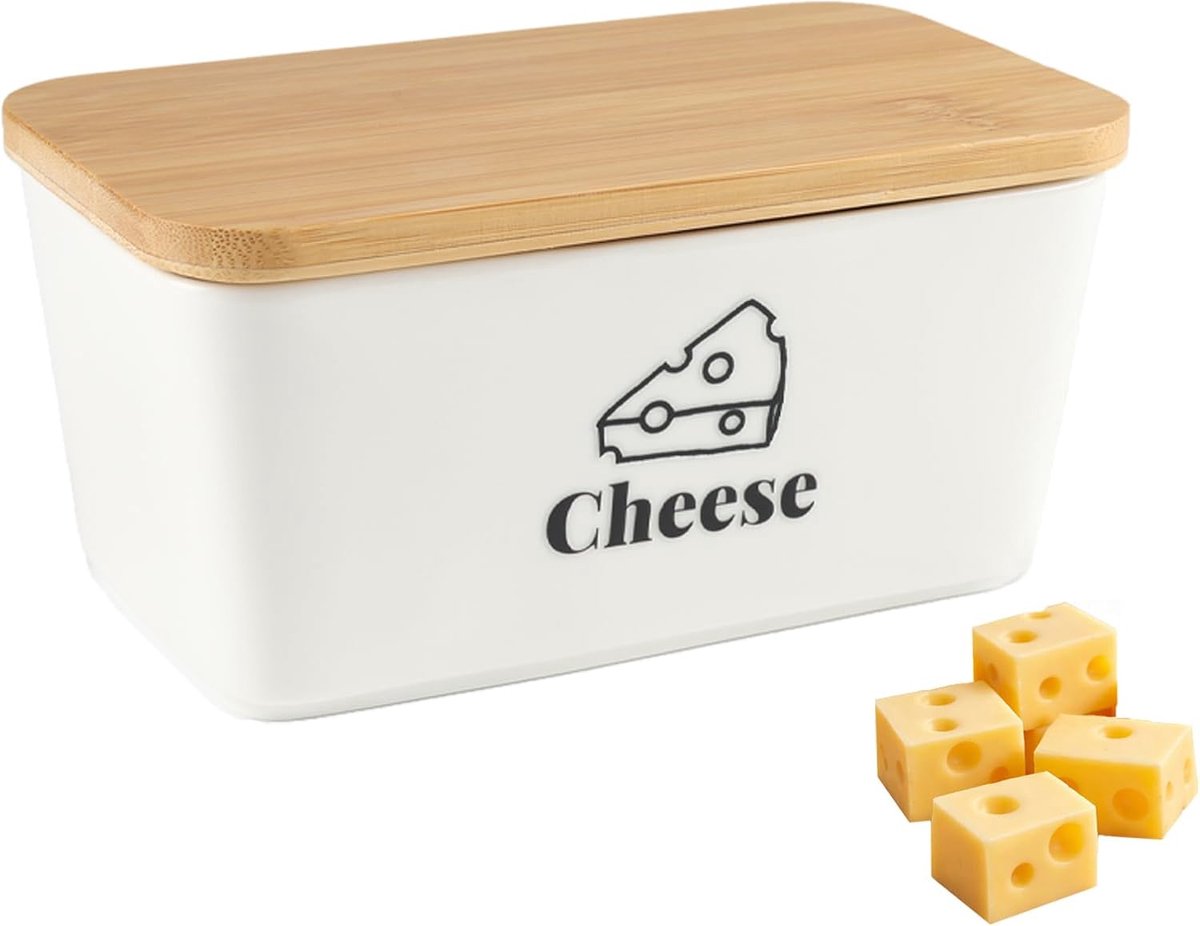 Koelkast met bamboedeksel, keramische kaasdoos voor het bewaren van kaas, stijlvolle kaasbox voor kaasblok en snijkaas, opbergdoos voor keuken en koelkast