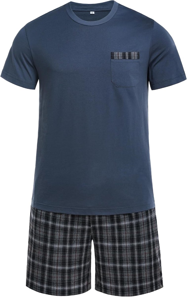 pyjama voor heren, 100% katoen, korte mouwen, nachtkleding, nachtkleding, set met ronde hals en geruite broek