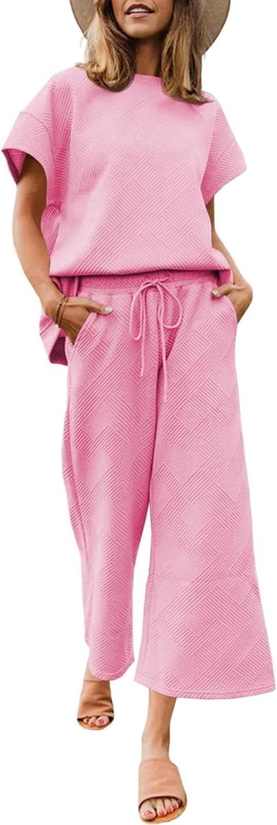 outfits voor dames, getextureerd, sweatpak, 3/4 mouwen, ronde hals, pullover, top, wijde pijpen, broek, trainingspak, set