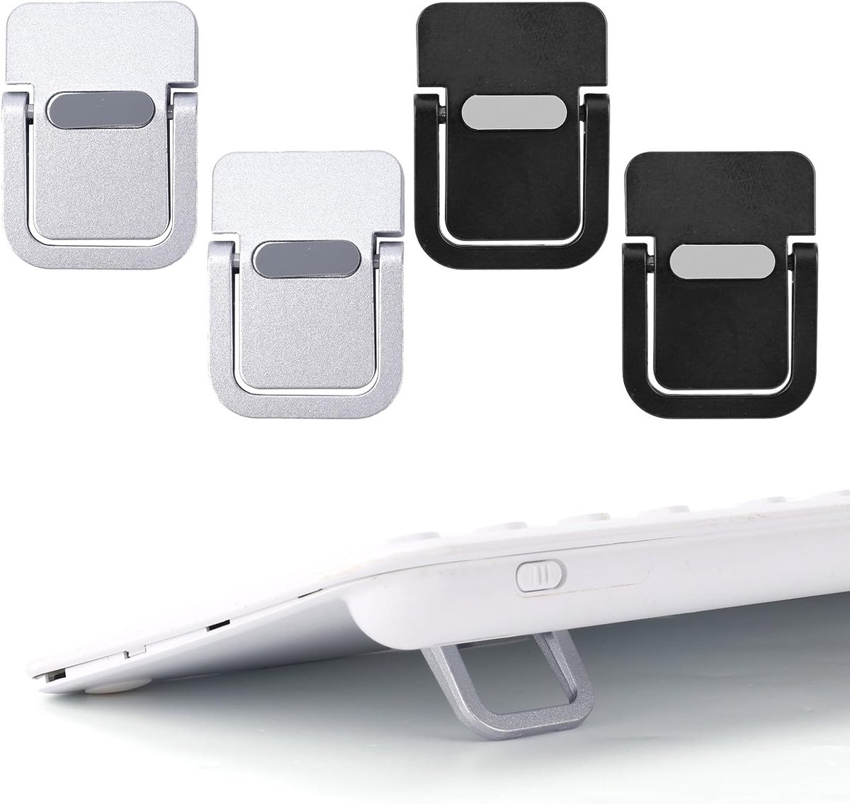 4St Mini Toetsenbord Verhoger, Zelfklevend Draagbaar Kleine Laptop Kantelstandaard Zinklegering Lifter Voetjes Opvouwbaar & Onzichtbaar Computer Notebook Houder voor Bureau (Zilver, Zwart)