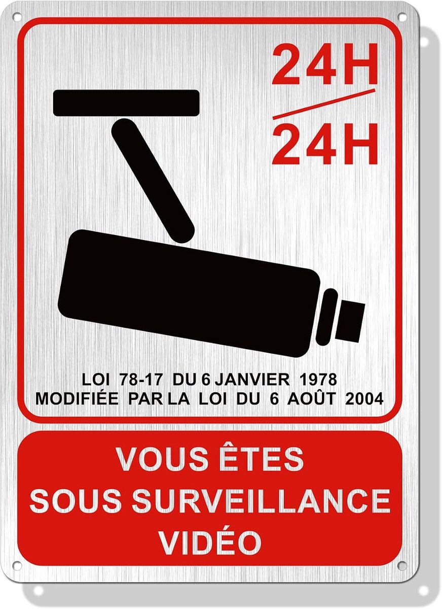 Videobewaking 24 uur – geborsteld aluminium 25 x 18 cm – bord "Video Surveillance" voldoet aan de wet 78-17 – bevestiging door voorgeboorde gaten – robuust buiten – 1 stuk