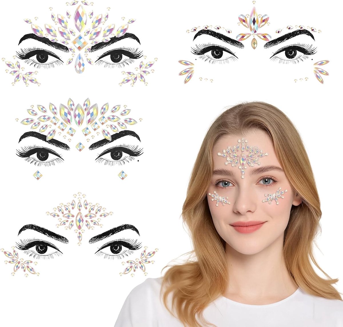 4 stuks gezichtsstenen, gezichtsstenen, stickers, gezichtsstenen, stickers, geschikt voor carnaval, Halloween, themafeesten en rollenspellen