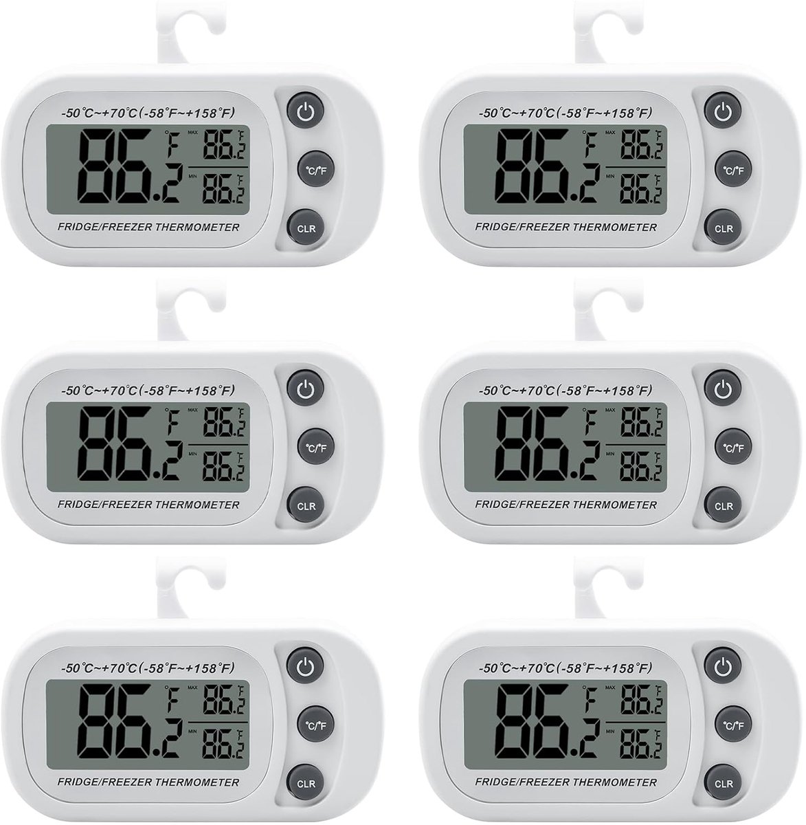 6 stuks mini digitale vrieskastthermometers met haken, watervaste thermometer voor koelkast, thermometer met haak en magneet, keukenthermometer binnen met LCD-display