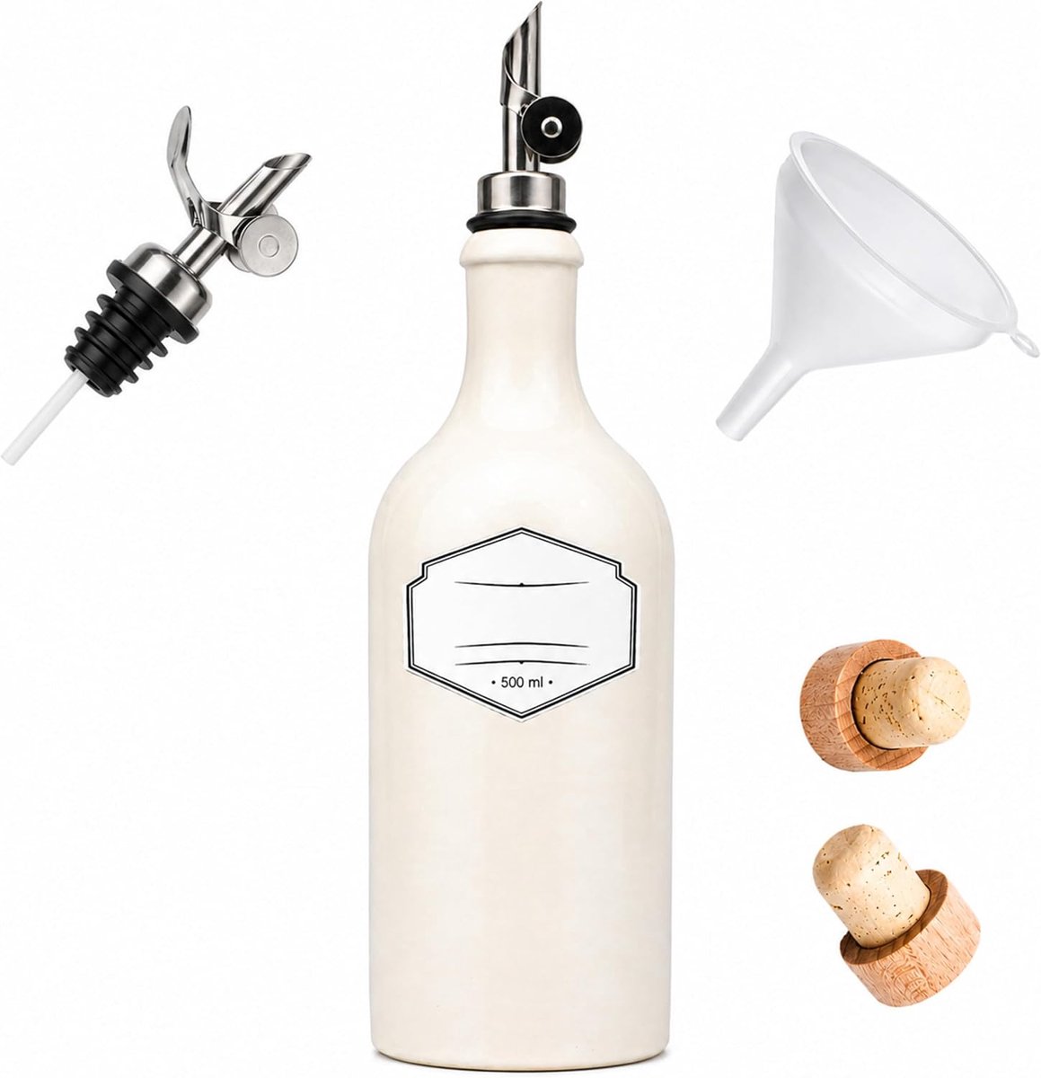 Azijn- en oliefles van aardewerk, 500 ml, keramische azijn- en oliedispenser met Flow schenktuit, navulbare olijfolie fles voor keuken en tafel, incl. trechter en kurk (wit)