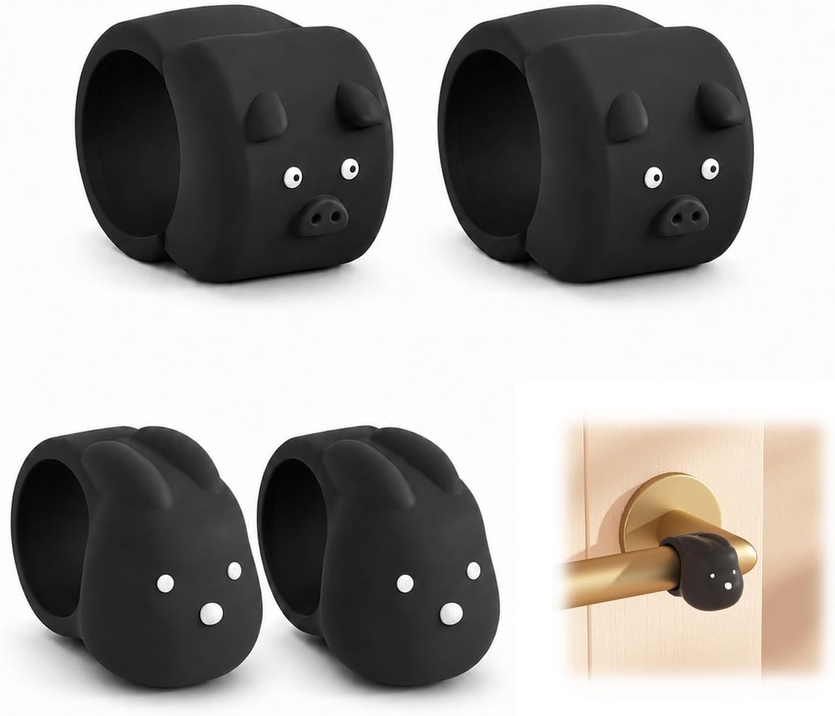 4 stuks deurgreepbescherming van siliconen, deurstopper met konijnen- en varkendesign, schokabsorberend en beschermt de muur, zwart