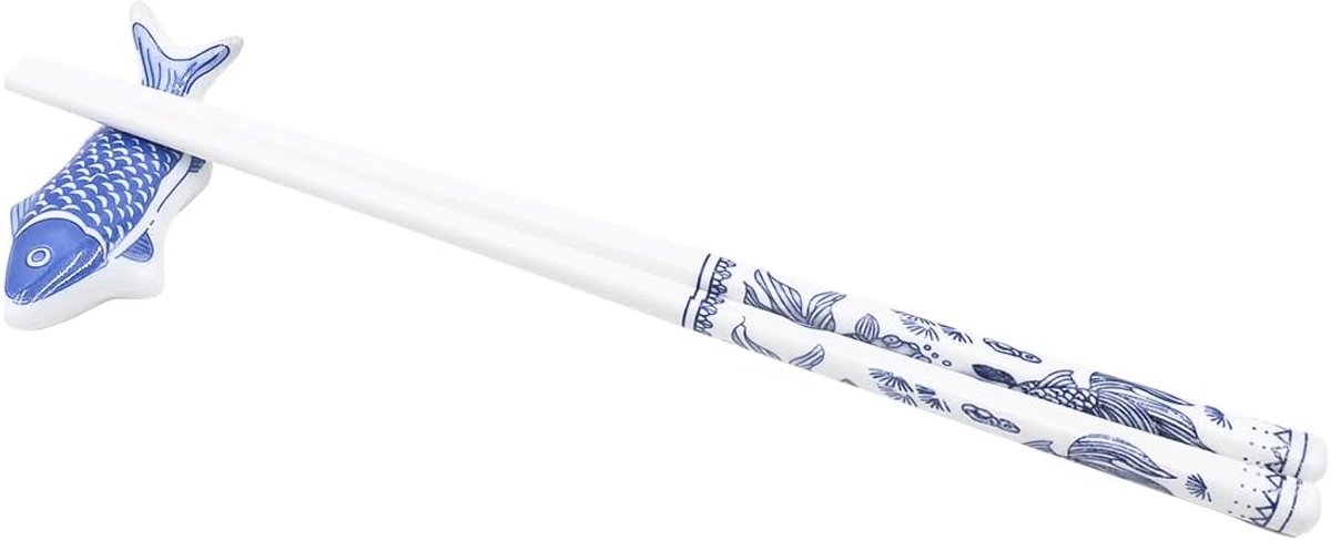 Eetstokjesset, 2 paar keramische eetstokjes met blauwe visvormige houder voor sushi, ramen, noedels, rijst, Chinese eetstokjes cadeauset voor foodliefhebbers