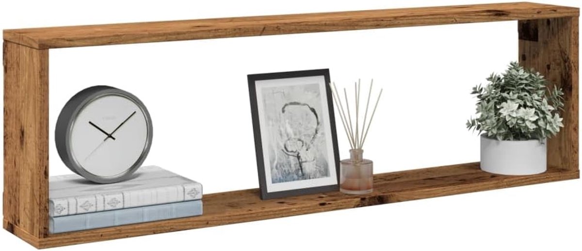 Set van 4 kubusvormige wandplanken, oude houtlook, 100 x 15 x 30 cm, houtmateriaal, opbergoplossing