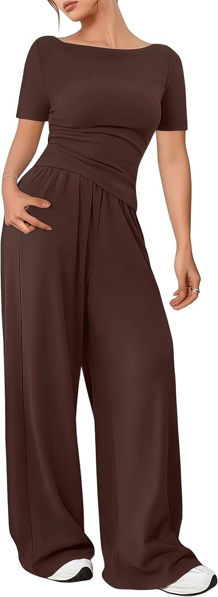 korte mouwen, ronde hals, tweedelige pyjama, losse pasvorm, pyjama voor thuis of op reis, lange broek met zakken, comfortabel, casual