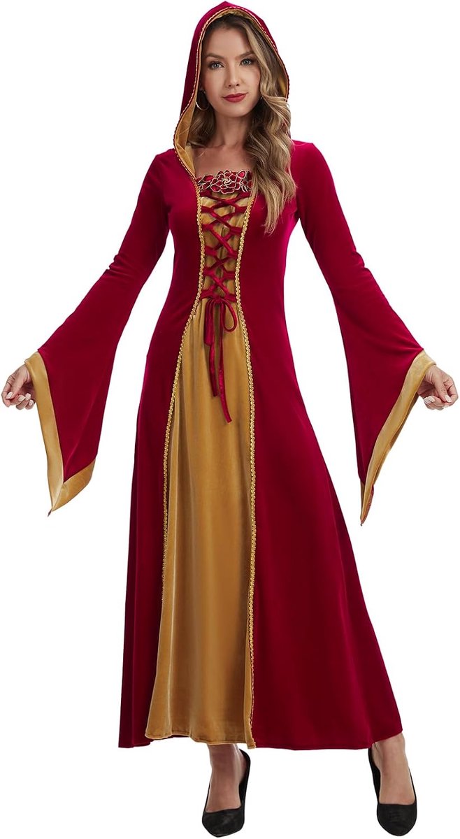 damesjurk met capuchon, renaissance-kostuumjurk van fluweel in victoriaanse stijl voor Halloween, carnaval en feestjes