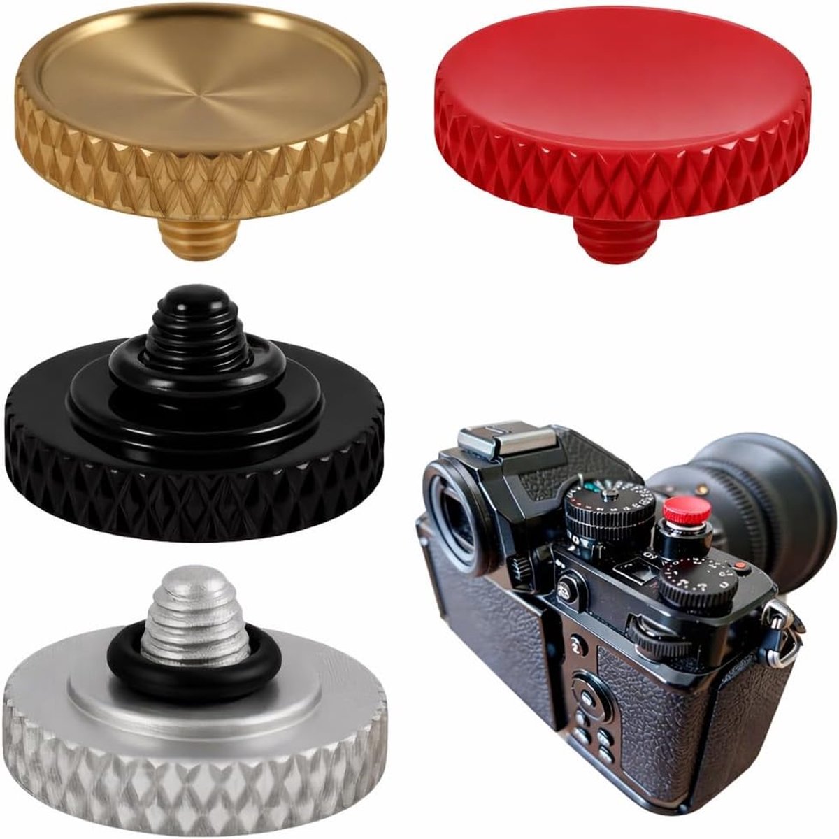 4 stuks cameraknoppen set in zwart, rood, zilver en goud, aluminium concave design voor Fujifilm X-E/X-T/X-Pro serie, Leica, Canon, Nikon en andere camera's, nauwkeurige bediening
