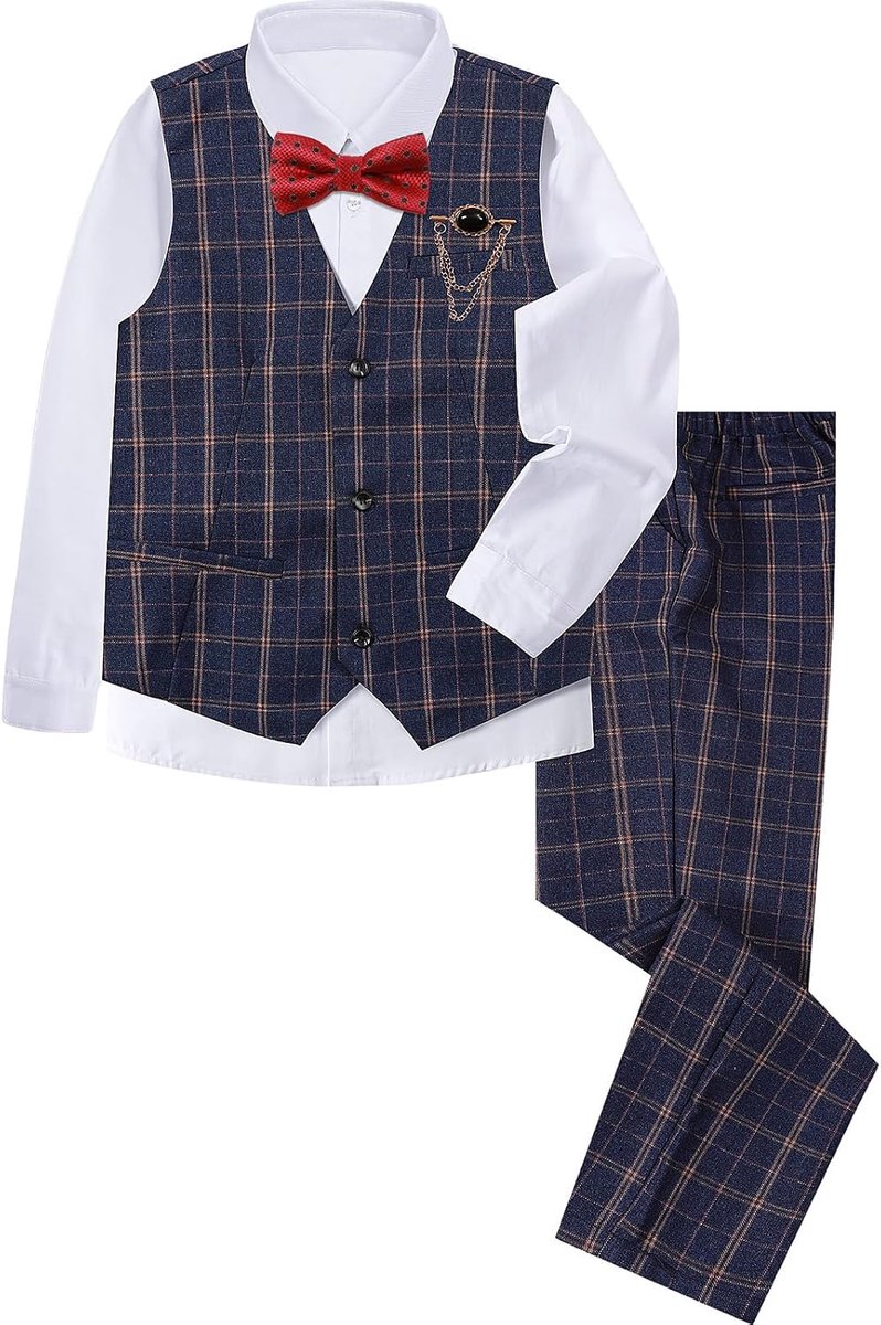 Kostuumset voor jongens, broche vest & hemd & broek & vlinderdas bruiloft voor kinderen, 6-14 jaar
