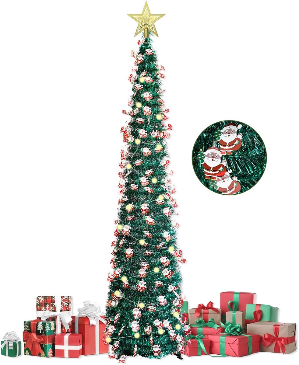 Kunstkerstboom met lichtslinger & kerstster topper, 150 cm, opvouwbare kunstkerstboom, kerstdecoratie voor Kerstmis, Advent, feest, groene pailletten