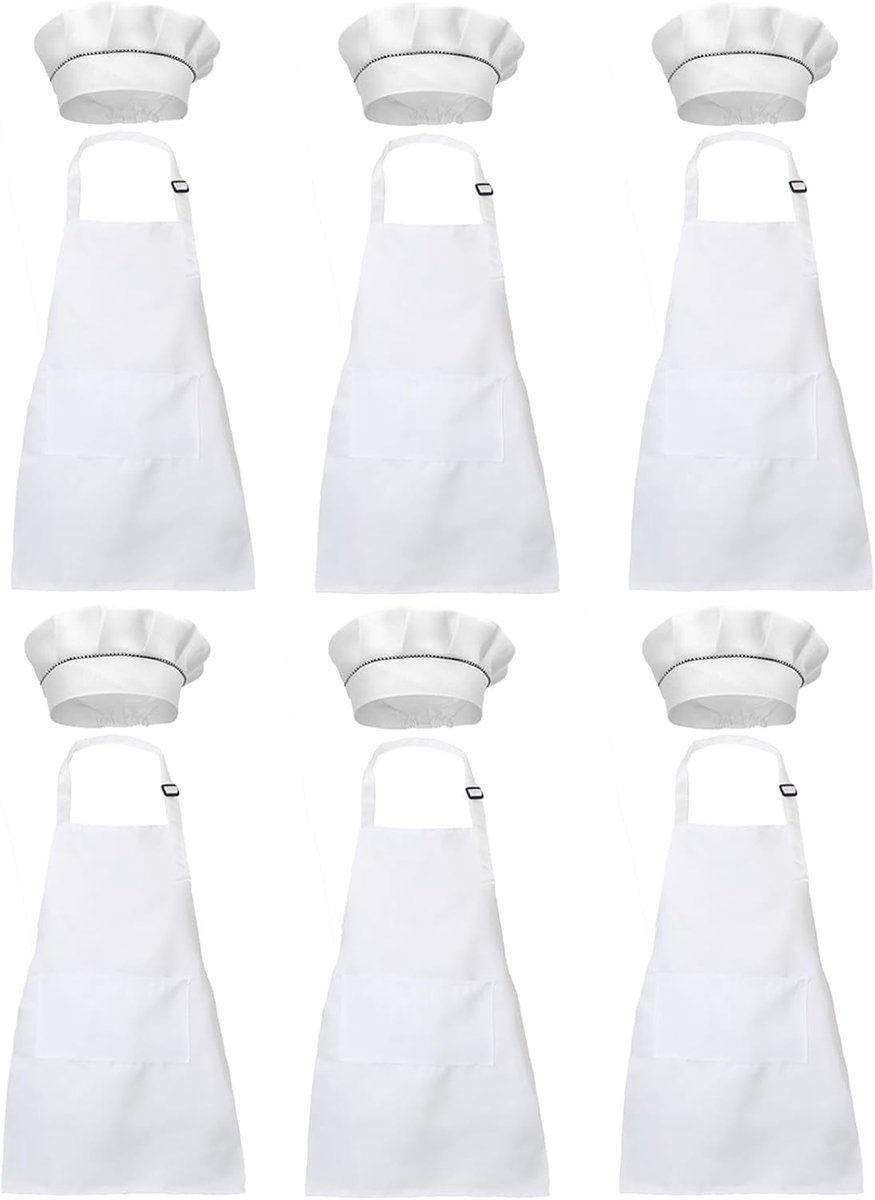 6 sets kookschort voor kinderen en kookmuts, verstelbaar kookschort met zakken, voor tuin, bakken, koken, schilderen, handwerk, voor meisjes en jongens