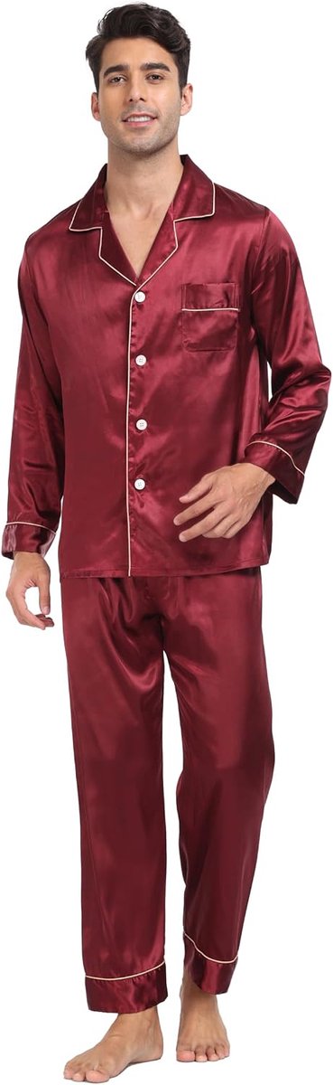 Nachtkleding, satijn, lang, tweedelig, lange mouwen, knoopsluiting, huispak, pyjamabroek, zijde, loungewear met V-hals, knoopsluiting, zakken