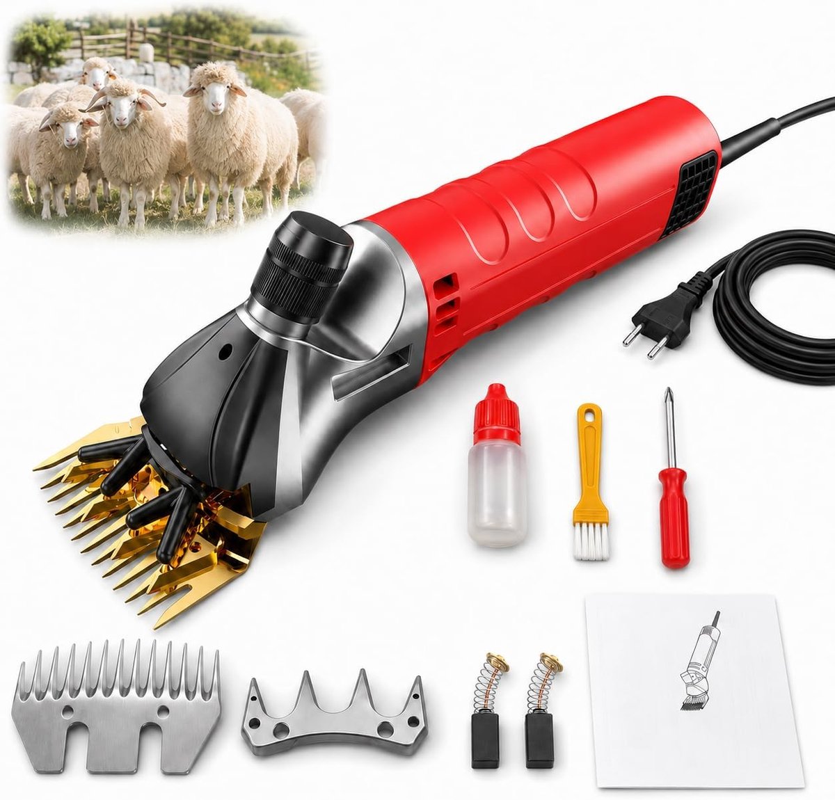 1200 W high-power schaapschaar, elektrische schaapschaar, 6 snelheden, professionele wolschaar met 13 tanden, voor schapen, alpaca's, geiten en paarden, rood